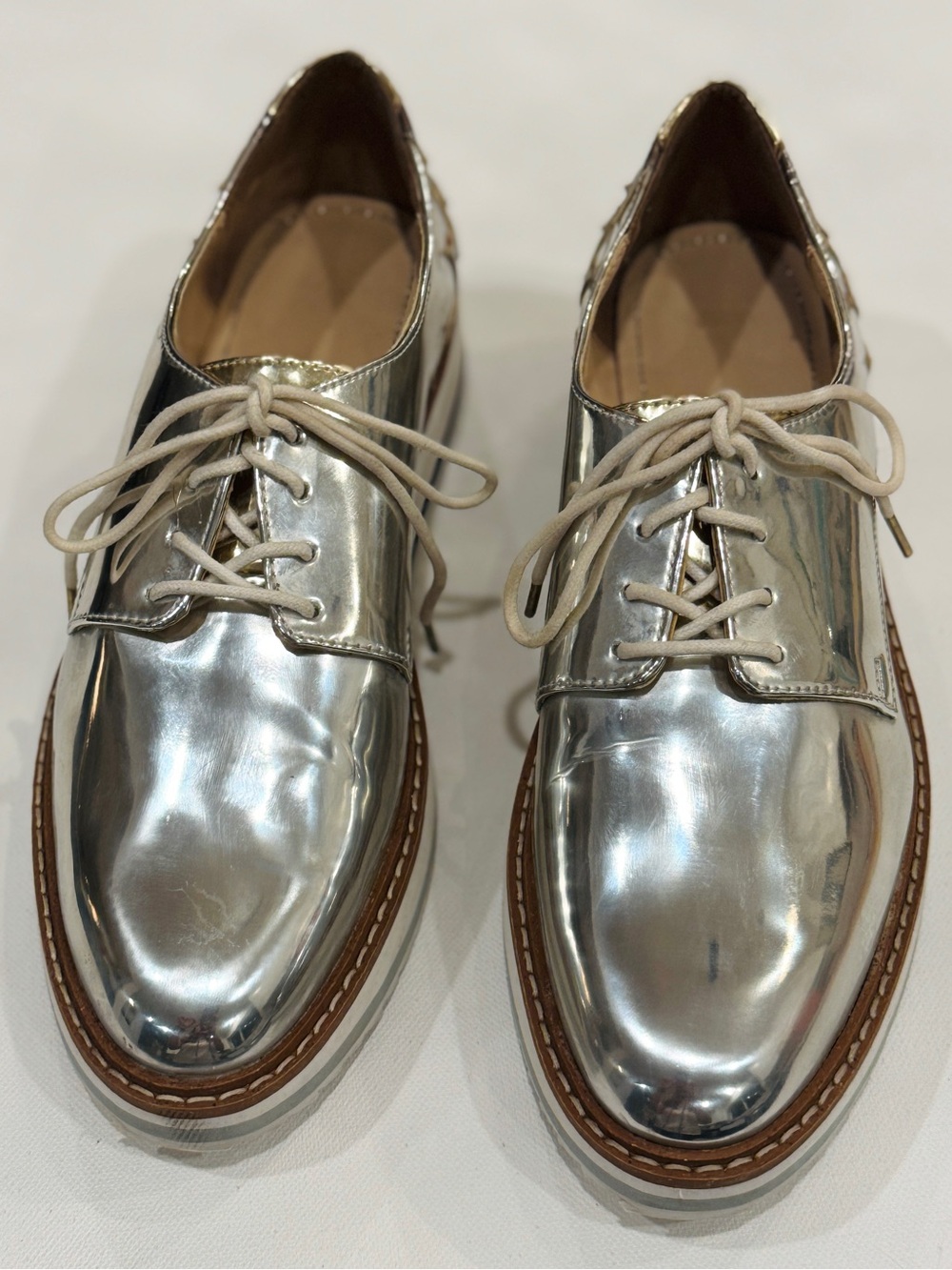 ZARA Metallic Silver + Gold Oxford Platform Derby Loafers Size 37 US 6.5